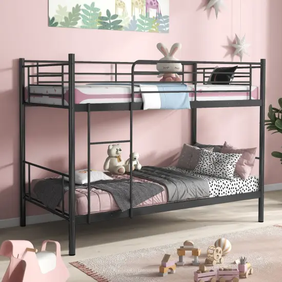 Black Metal Twin Over Twin Bunk Bed with High Guardrails and Ladder {2}