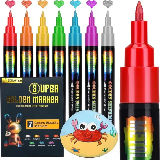 JDiction Metallic Permanent Markers, 7 Colors Glitter Metallic Markers, High Gloss, Waterproof, Scrapbook Supplies, Resin Crafts Supplies, Metallic Paint Pens for Crafts, DIY, Painting {7}