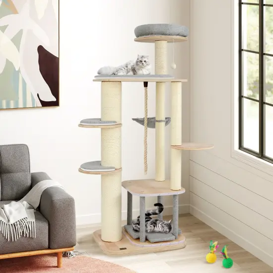 63 Inch Tall Wooden Cat Tree Tower with Soft Padded Cushion Platforms and Full-Wrapped Scratching Posts {3}