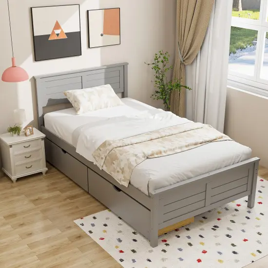 Twin Size Platform Bed with Drawers, Wood Headboard and Sturdy Frame Gray {2}