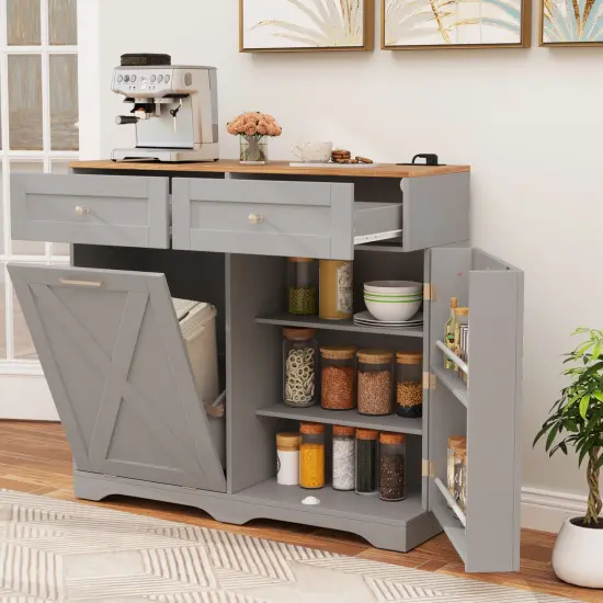 Tilt Out Wooden Trash Can Cabinet with 3 Position Adjustable Shelf and Power Outlets Gray {3}