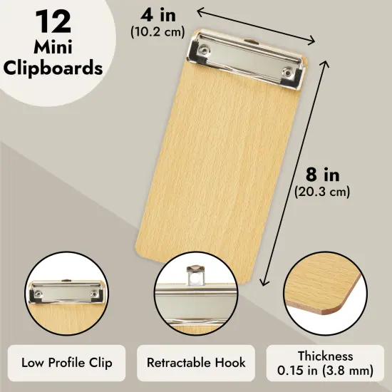 12 Pack Mini Wooden Clipboards with Low Profile Clip, 4x8 Wood Clip Boards for Pocket Sized Notepads, Restaurant Receipt Brown {4}