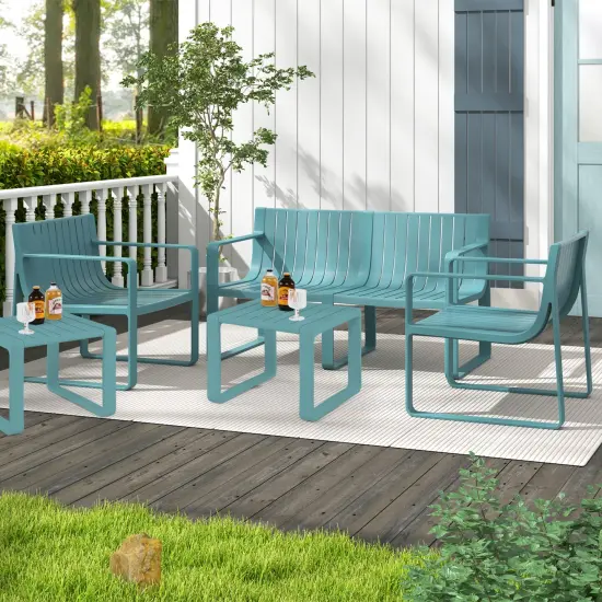 Set of 2 Patio Chairs with Curved Backrests and U Shaped Legs Perfect for Outdoor Seating Blue {3}
