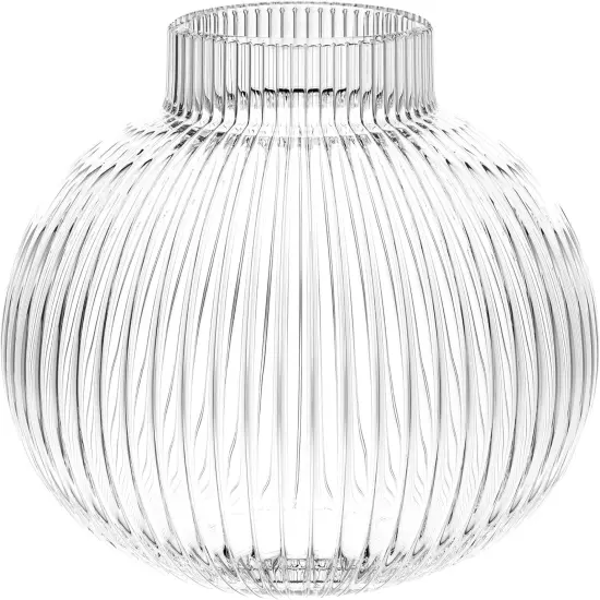 Round Glass Vase, Flower Vase for Bouquet, Ribbed Glass Vase, Fluted Vase, Clear Glass Vase for Tulips, Modern Glass Vase for Living Room, Office, Coffee Table, Shelf, Wedding, 6 Inches {1}