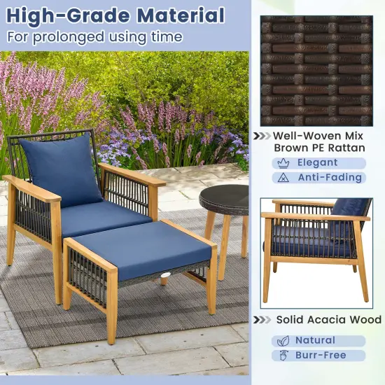 Costway 5 Pcs Patio Acacia Wood Wicker Woven Furniture Set with Coffee Table & 2 Ottomans Navy/Beige {6}