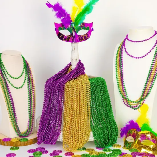 100PCS Mardi Gras Beads, Green Purple Gold Metallic Mardi Gras Beads Necklaces Accessories Bulk, Mardi Gras Carnival Beads Necklace Accessories for Parade Throws Party Decorations Supplies Favors {3}