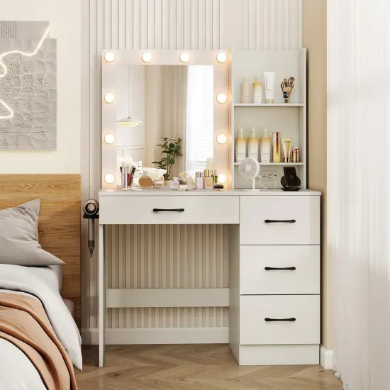 MDF Vanity Desk with Mirror, 3-Color Lighting, Storage and Charging Station White {3}