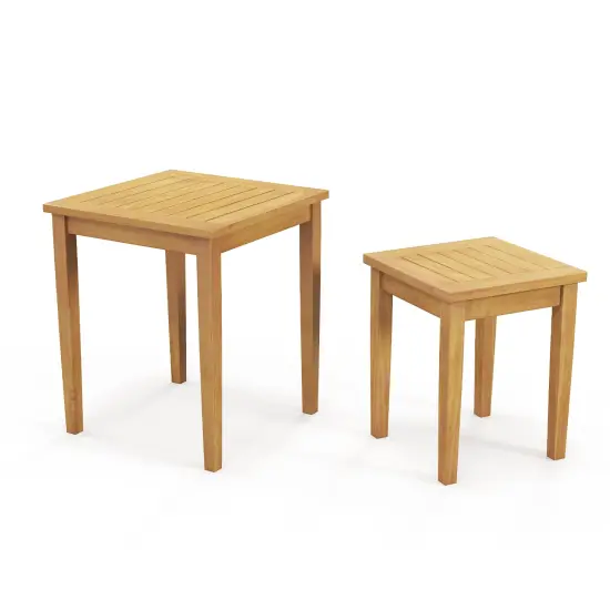 Natural Teak Wood Nesting Side Tables with Slatted Top, Space-Saving Design {4}