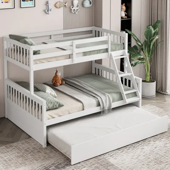 Pine Wood Twin Over Full Bunk Bed with Trundle, Guardrails and Ladder White {6}