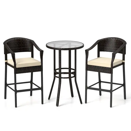 3-Piece Patio Rattan Bar Set with Round Glass Table-Top and 2 Armchairs Brown {4}