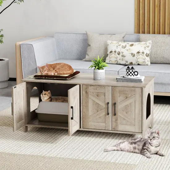 MDF Engineered Board Cat Litter Box Enclosure with Barn Door and Multi-Functional Design Oak {3}