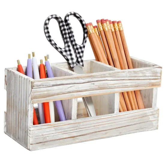 Rustic-Style Desk Pencil Holder with 3 Compartments - Farmhouse Decor and Wooden Organizer for Pen and Office Accessories {1}