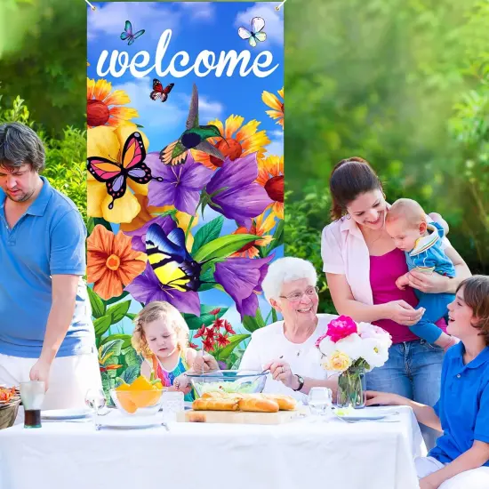 Welcome Butterfly Door Cover Welcome Spring Door Decorations Banner Butterfly Flower Porch Banner Sign Photo Background for Spring and Summer Seasonal Welcome Holiday Party Indoor Outdoor Decor {4}