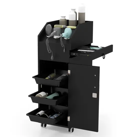 Salon Trolley Cart 360&deg; Rolling Tool Cart Mobile Storage Station with 4 Lockable Wheels-Black {4}