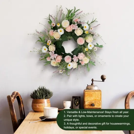 Pink Spring Wreaths for Front Door, 20 Inch Artificial Floral Wreath with Rose Ball-Chrysanthemum, Flower Wreath for Porch Wall Window Decor, Handmade Wreaths for Wedding Decoration {1}