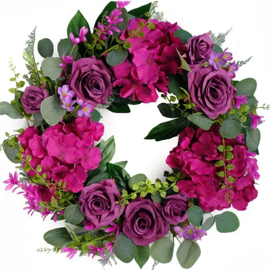 Artificial Purple Rose Wreath - 20 Inches Front Door Wreath with Hydrangea Leaves for Spring, Valentines, Mother's Day, Wedding & Home Decor {5}