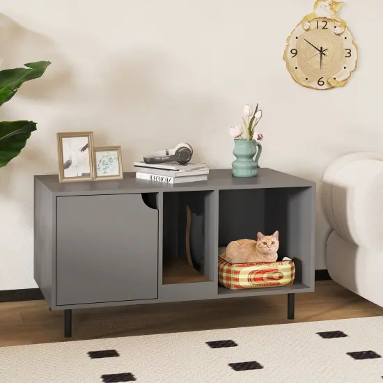 Engineered Wood Cat Litter Box Cabinet with Scratcher and Storage Gray {2}