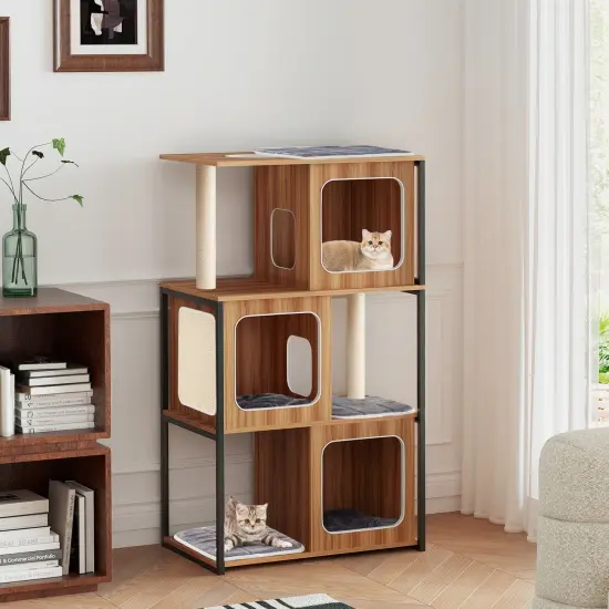 Natural Gray Engineered Wood Multi-Level Cat Tower with Metal Frame {3}