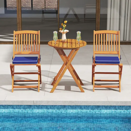 Set of 2 Armless Outdoor Folding Chairs with Seat Cushions and Slatted Backrest Navy {3}