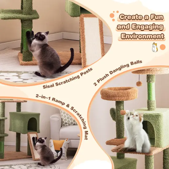 Multi-level Cactus Cat Tree with 2 Plush Perches and 3 Sisal-Wrapped Scratching Posts {6}