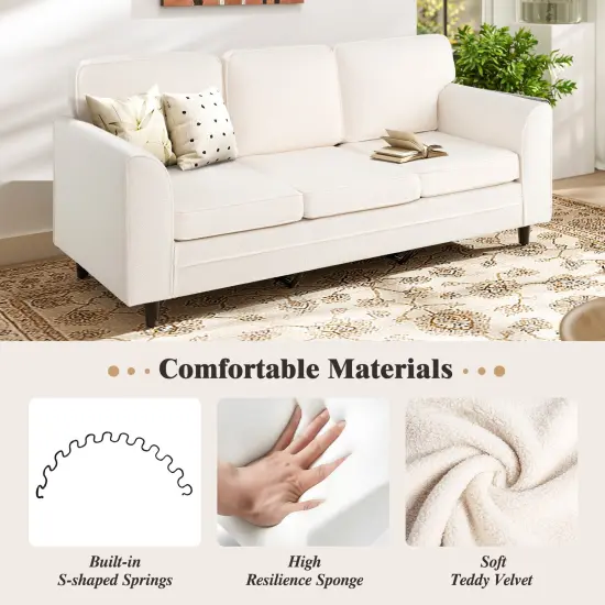 Modern 3-Seater Sofa Couch with Soft Teddy Velvet Ergonomic Cushions Wood Legs for Living Room White {6}