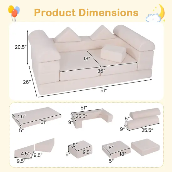 Suede Fabric Convertible Kids Play Couch Set with Foam Blocks and Cushions Beige {5}