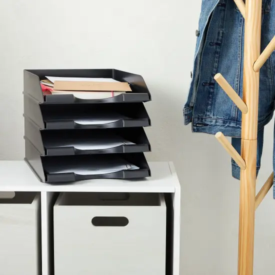 4 Pack Black Stackable Paper Trays for Letter Documents, Desktop File Organizers for Office Supplies, Stackable Desk Tray Holder for Paper Storage (10 x 13.45 x 2.5 In) {4}