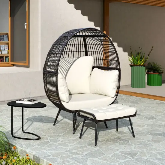 Costway 2 PCS Patio Wicker Lounge Basket Set Oversized Egg Chair with Soft Cushions {4}
