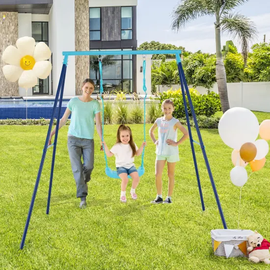 Adjustable Metal Swing Set with Stand and Seat Height 14-28 inches for Kids Blue {3}
