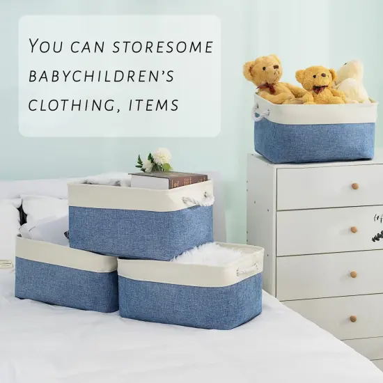 TcaFmac Storage Basket for Organizing - Large 4 Pack Fabric Storage Bins Baskets for Shelves with Ropes, Foldable Storage Cubes for Closet Cloth Toy (White & Blue16x12x8 inch) {4}