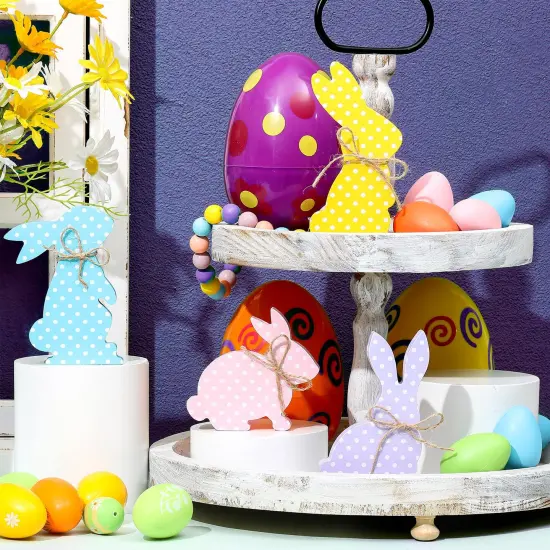 4 Pcs Easter Bunny Table Wooden Signs Bunny Shaped Farmhouse Decor Spring Rabbit Wood Tabletop Decorations Easter Rabbit Dining Room Table Decor Sign with Rope(Macaron Dots) {6}