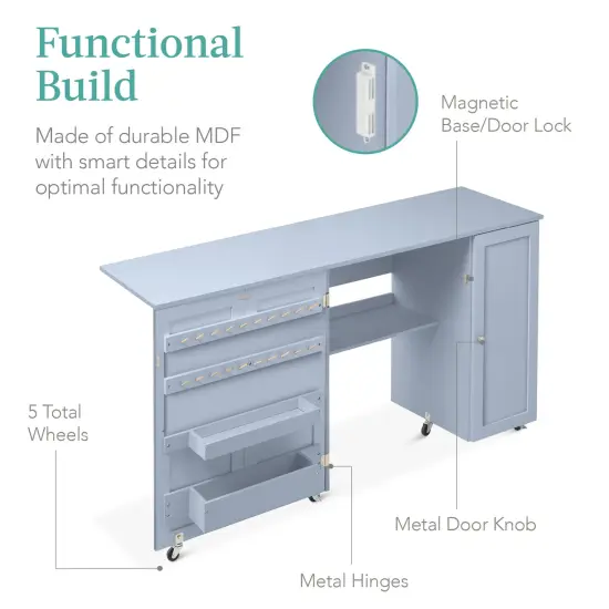 Best Choice Products Large Portable Multipurpose Folding Sewing Table w/ Magnetic Doors, Craft Storage Light Blue {6}