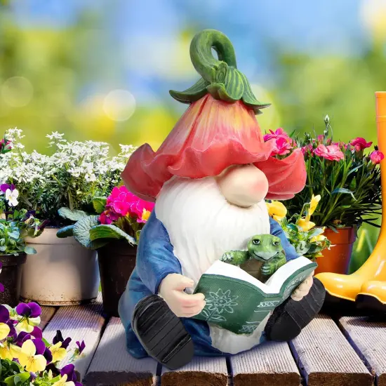 Garden Gnome Statue-Resin Gnome Figurine Hugging Turtle Reading Book with Solar LED Lights {4}