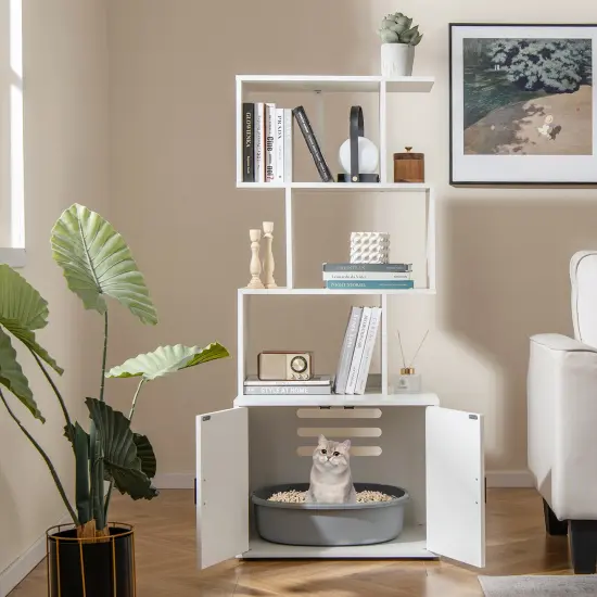 MDF Metal Cat Cabinet with Shelves and Litter Box Enclosure White {2}