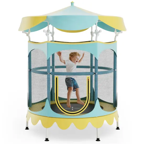 Kids Trampoline with Detachable Canopy, Safety Net, Zipper Door and Foam Padding Yellow {2}