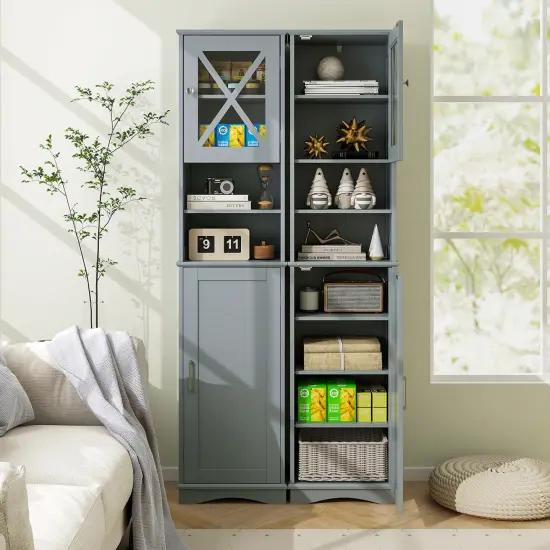 67 Inch Tall Freestanding Bathroom Storage Cabinet with 5 Adjustable Shelves and 2 Open Compartments Gray {6}