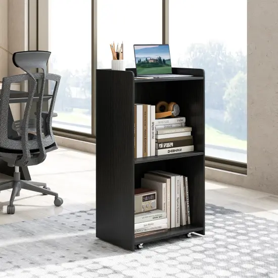 Lectern Rolling Podium Stand with 2 Storage Shelves and 4 Universal Wheels Black {3}