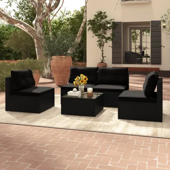 5-Piece Outdoor Patio Furniture Set with Cushions and Coffee Table and Rustproof Steel Frame Black {1}