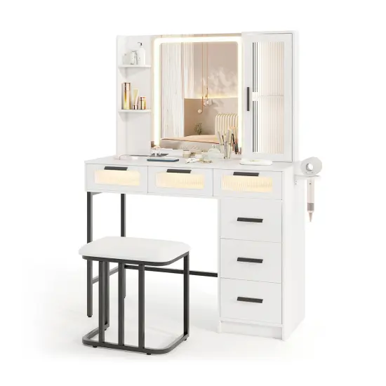 White Vanity Set with LED Sliding Mirror, Charging, & Large Storage {1}