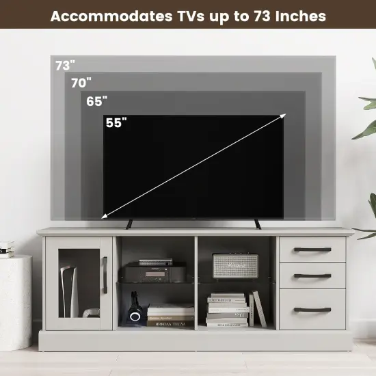 63 Inches Entertainment Center with 3 Storage Drawers and Removable Glass Shelves Gray {6}