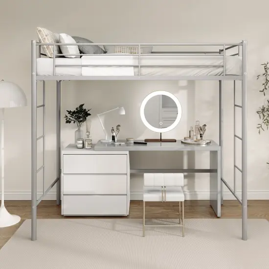 Metal Loft Bed Frame with Dual Ladders, Safety Guardrails and Under-bed Storage Silver {2}