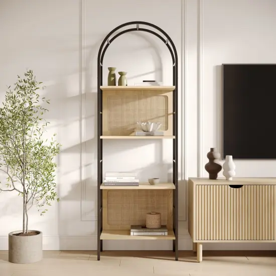 4 Tiered Arched Bookshelf with Natural Rattan Backing - Modern Home Decor - Boho Rattan Arch Bookcase - Wooden Open Arched Cabinet with Shelves - Metal and Wood Bookshelf (Light Oak) {2}