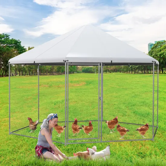 Silver Large Metal Hexagonal Chicken Coop with 210D Oxford Fabric and Lockable Door {3}