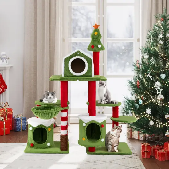 Multi-Color Engineered Wood Christmas-Themed Tall Cat Tree with Condos and Groomer {2}