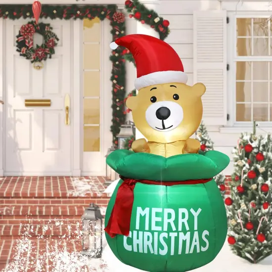5 Feet Christmas Inflatable Bear with Santa's Bag Lighted Blow Up Christmas Yard Decoration with Built in Fan and Anchor Ropes (Bear with Gift Bag) {5}