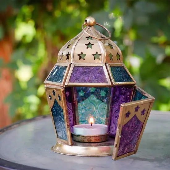 In the Breeze 9210 &mdash;Teal & Purple Hex Tealight Lantern &mdash; Moroccan-Style Boho Chic Tealight Glass and Metal Tabletop Lantern {2}