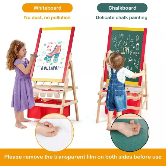 Kids Art Stand Wood Whiteboard Chalkboard w/ Paper Roll &Full Set of Accessories {4}