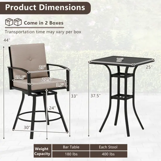 3 Pieces Patio Swivel Bar Set Included Square Table and 2 Stools With Metal Frame and Umbrella Hole {5}