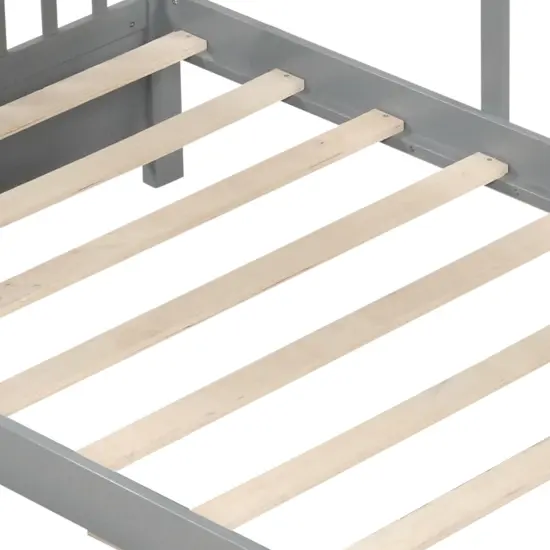 Twin Size Pine Wood House Bed with Storage Drawers, Guardrails and Shelves Gray {5}