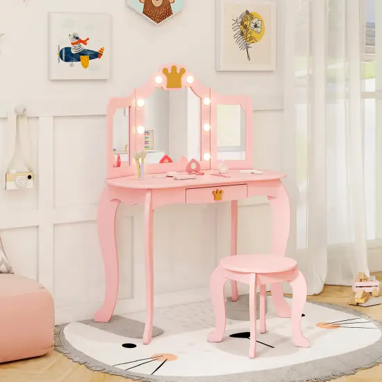 MDF and Acrylic Kids Vanity Set with Tri-Fold Mirror, LED Lights and Storage Pink {3}